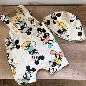 Disney Baby Mickey Mouse Printed Baby Overalls & Bucket Hat 18m